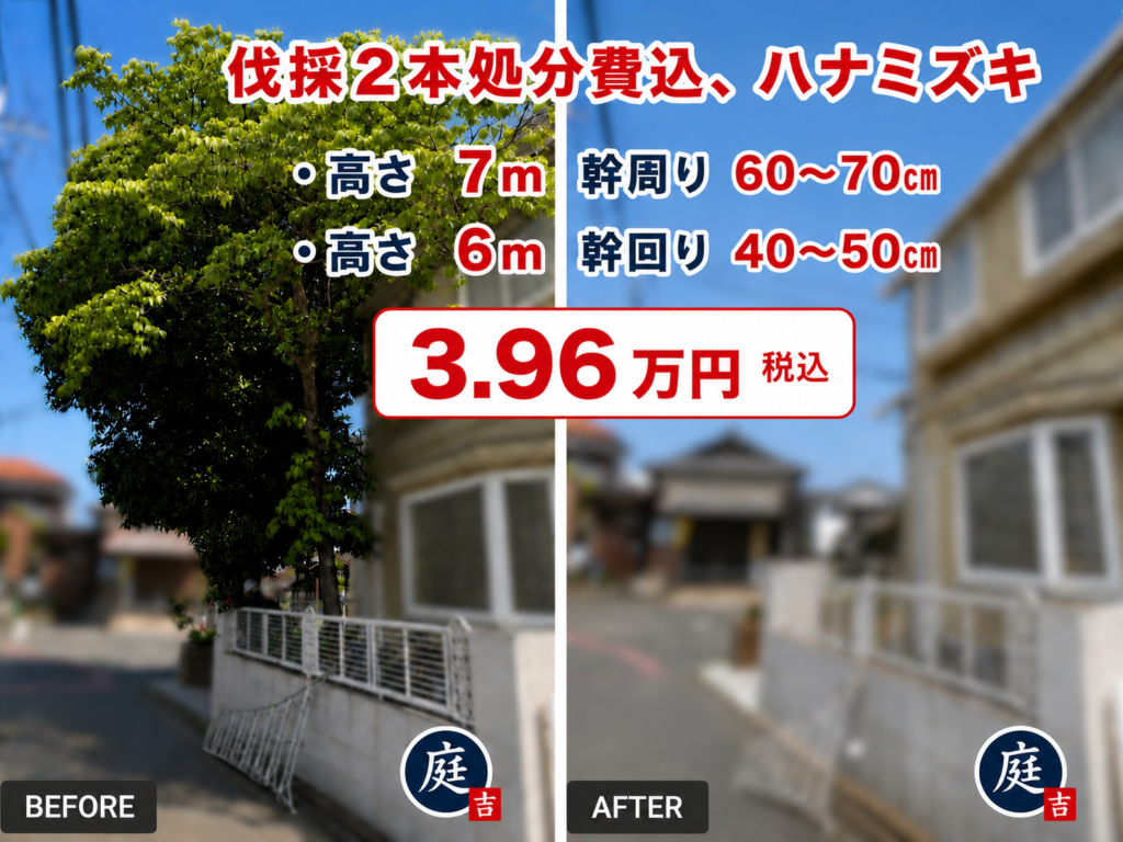 さいたま市にてハナミズキ2本の伐採。こちらの伐採、内容ですと料金、価格は処分費込、39600円税込となります。